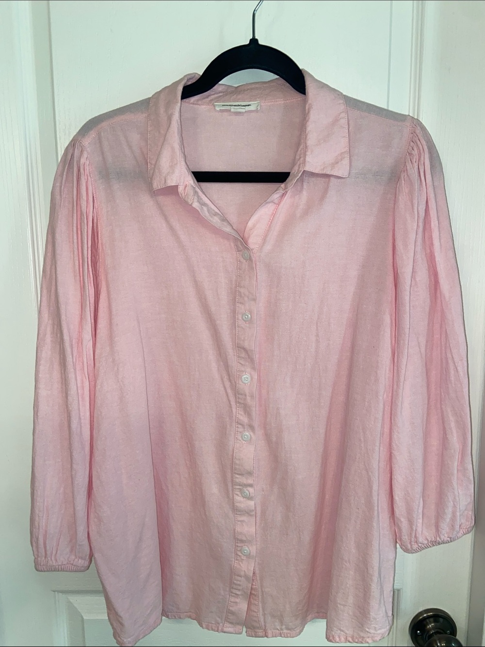 Pink Linen 3/4 Puffy Sleeves Button Front Blouse
